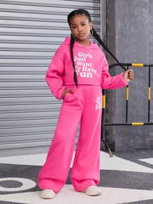 SHEIN Tween Girl Retro Knitted Long Sleeve Hoodie Set, Sibling Outfits And Me Matching Outfits (2 Sets Are Sold Separately), Fleece, Thickened - Hot Pink - View 6