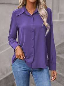 EMERY ROSE Plain Long Sleeve Casual Shirt, Spring & Fall - Violet Purple - View 3