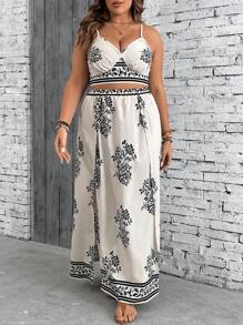 SHEIN VCAY 2 件套大码休闲花卉印花缎面衬衫套装