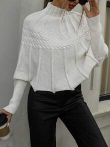 Aveloria Stylish High Collar Textured Batwing Sleeve Cropped Sweater Knit Pullover Fall Winter Outfit - Beige - View 6