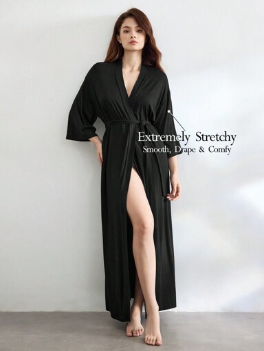 Ocili Leisure Women's Solid Color Comfortable & Smooth 3/4 Sleeve Loose Lounge Robe Holiday Season Cozy And Elegant Details, For Outfit, Fall & Winter
