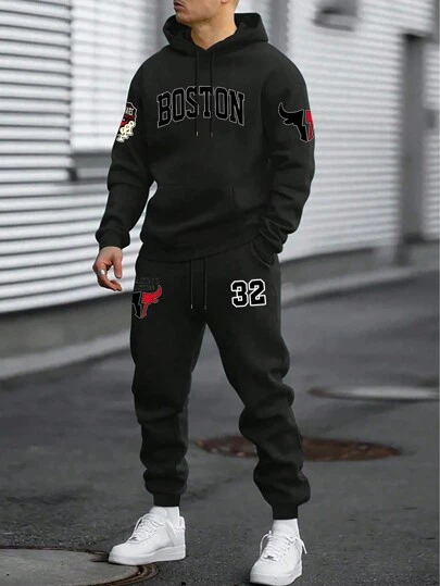 Manfinity Homme 男士字母印花保暖连帽卫衣和抽绳口袋运动裤两件套休闲套装，秋冬装