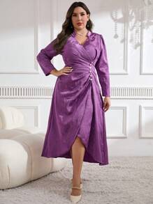 Modelyn 大碼V領長袖連衣裙，假珍珠點綴和褶皺細節 - 玫紅色 - 查看 2