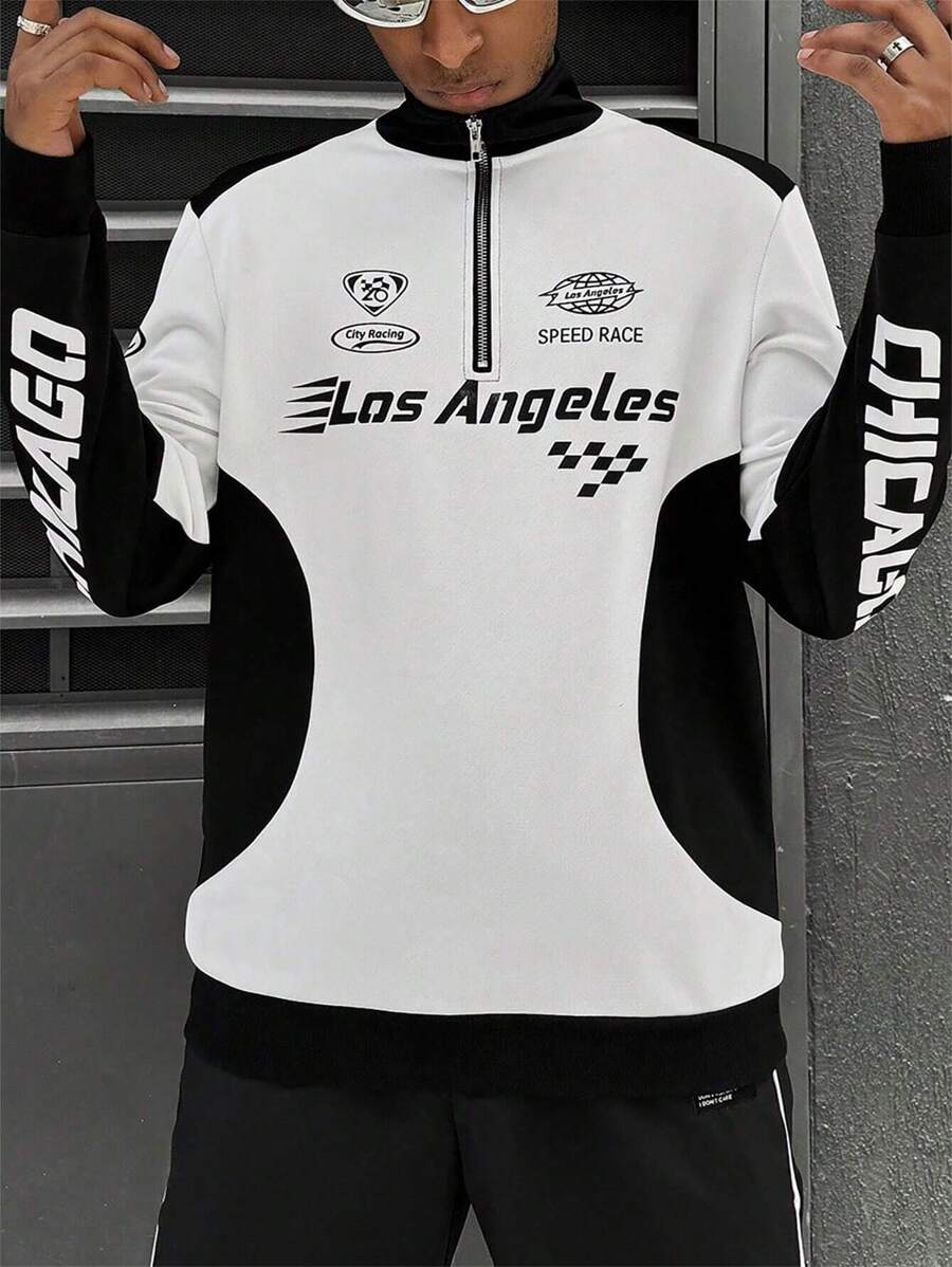 PAVTROS 男士字母印花撞色半拉链长袖休闲卫衣，赛车长袖街头服饰 - 黑與白 - 查看 1