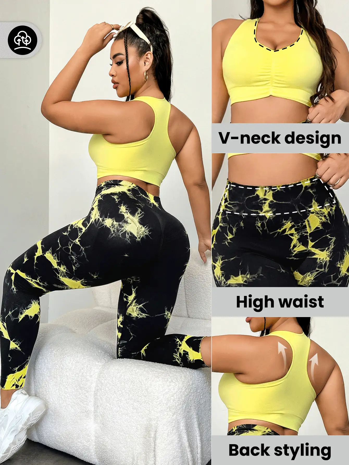 Easithlete Plus Size Solid Color Pleated Bra & Allover Print Pants Sports Suit Workout Women Set - Multicolor - View 2