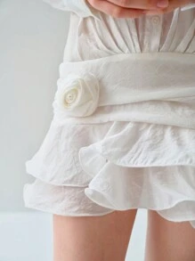 Enchnt Robe longue à manches longues avec boutons devant, application florale et volants, couleur unie pour femme
