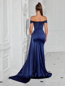 ADYCE Đầm dự tiệc dài trễ vai, eo nhún, buộc vạt trước, xẻ tà, đầm dạ hội trang trọng thanh lịch, dành cho khách dự tiệc cưới, tốt nghiệp, tiệc tối - Màu xanh hải quân - Xem 2