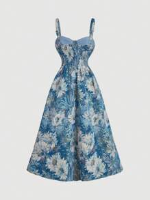 SHEIN MOD 蓝色油画锦缎提花面料复古浪漫女士吊带背心裙秋冬连衣裙 - 藍色 - 查看 2