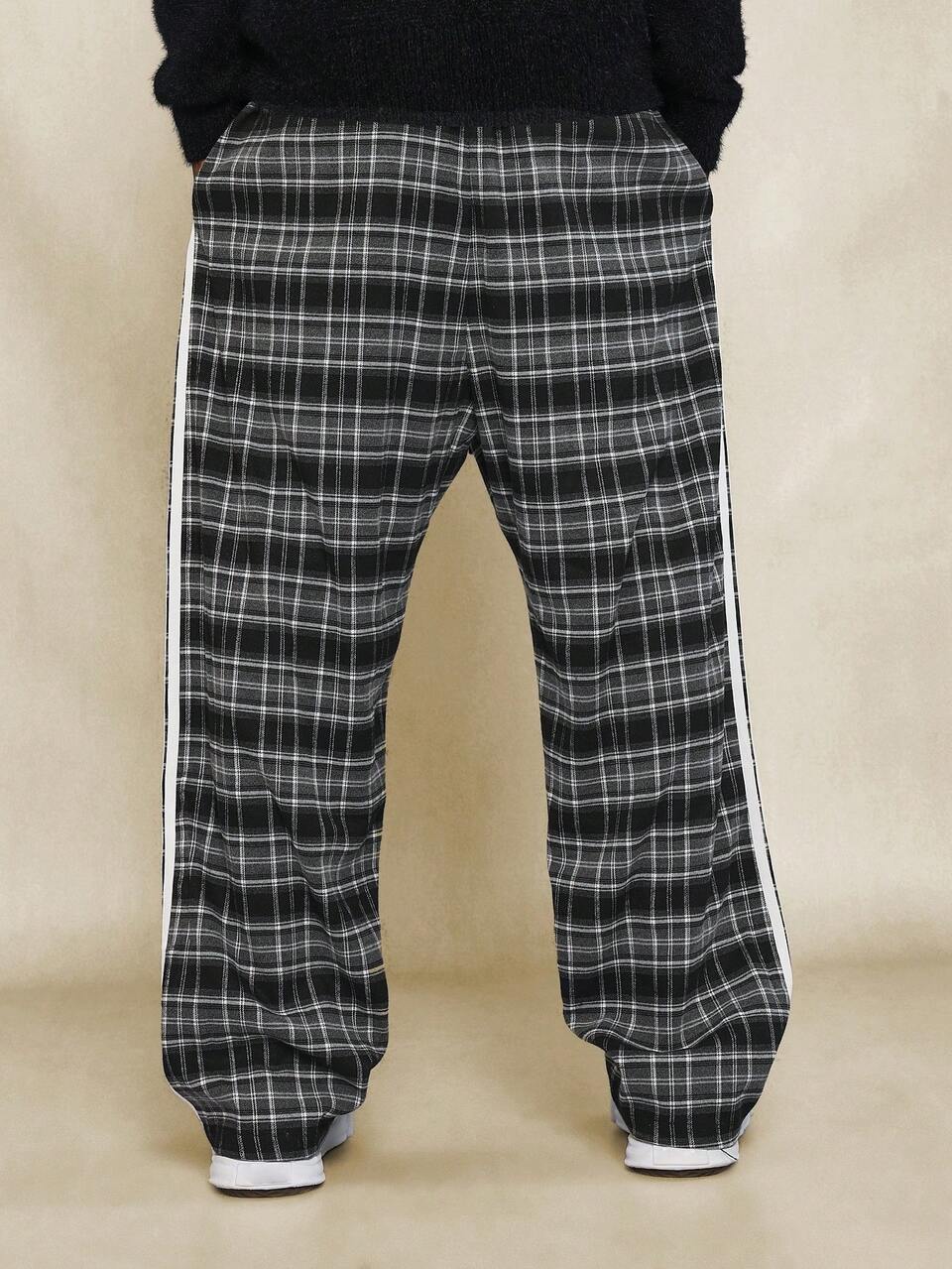 SUMWON Pantalón holgado a cuadros con cordón y detalle de franja lateral