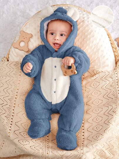 SHEIN 新生男婴连帽加厚连体衣，撞色设计