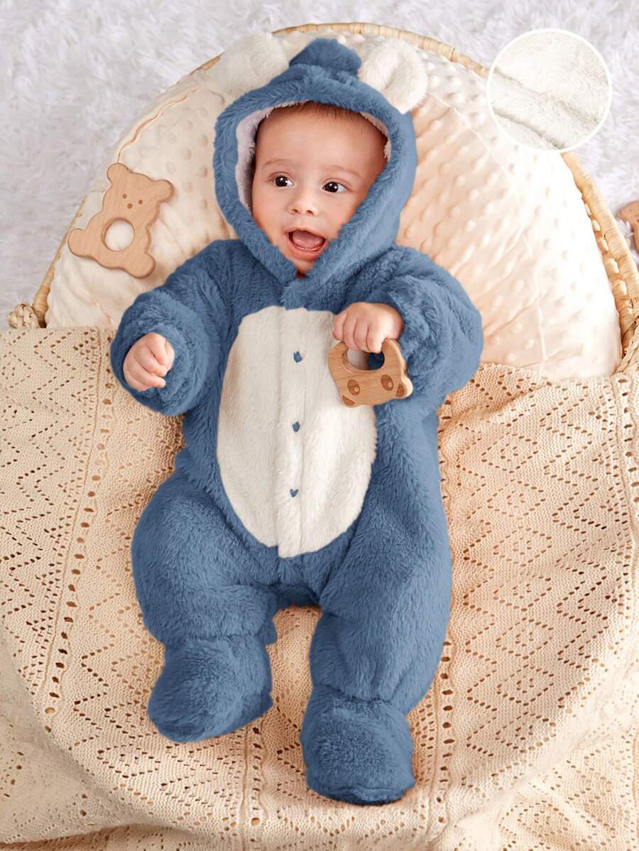 SHEIN 新生男婴连帽加厚连体衣，撞色设计 - 藍色 - 查看 1