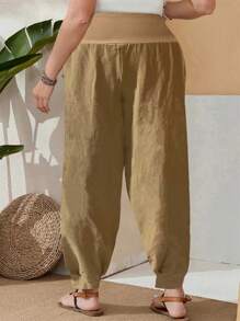 EMERY ROSE 大码女式撞色口袋抽绳宽松休闲裤 - 卡其色 - 查看 2