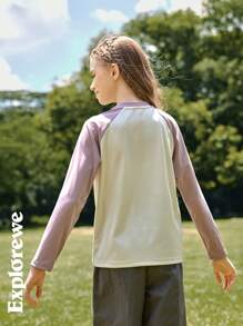 SHEIN Langarm Mädchen T-Shirt im Outdoor Freizeitstil für den Herbst, Kontrasfarbige Blockdesign Camping Musterung, bequemer, atmungsaktiver, weicher Stoff, geeignet für Outdoor-Aktivitäten, Camping, Stadtbummel - Verschiedenfarbig - Übersicht 6