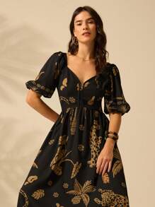 CAJUNI Women's Vacation Boho Casual Beach Tropical  Coconut Tree And Leopard  Prints Half-Sleeved Bishop Sleeve Summer Dress