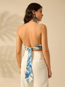 CAJUNI 女士假日海滩休闲夏季波西米亚风热带植物、花鸟、椰子树蓝色印花杏色抹胸 - 藍白色 - 查看 2