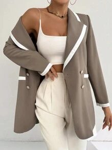 Modelyn Blazer elegante de doble botonadura de mangas largas con bloques de color para mujer, primavera otoño