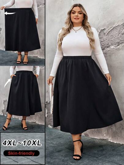 SHEIN CURVE+ Plus Size Solid Color Elastic Waist Swing Loose Summer Fashion All-Match Skirt