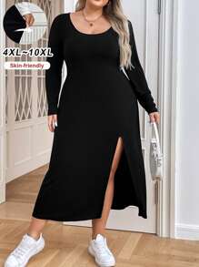 SHEIN CURVE+ Vestido largo negro con mangas largas, cuello redondo y abertura en la Bottom para tallas grandes. - Negro - Ver 1