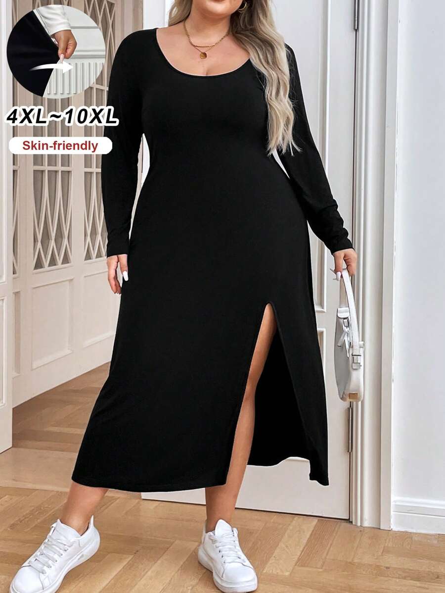 SHEIN CURVE+ Vestido largo negro con mangas largas, cuello redondo y abertura en la Bottom para tallas grandes. - Negro - Ver 1
