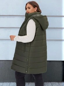 EMERY ROSE Plus Size Women Plain Hooded Padded Vest Jacket With Pockets,Fall/Winter,Winter Women Coat Autumn - Army Green - View 2