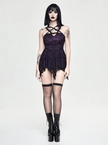 ROMWE Gothic Hollow 5-Pointed Star Splicing Asymmetrical Sexy Lingerie Set For Women - Black - View 4