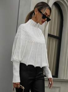 Aveloria Stylish High Collar Textured Batwing Sleeve Cropped Sweater Knit Pullover Fall Winter Outfit - Beige - View 1