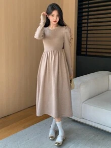 DAZY 女士纯色圆领泡泡袖超长毛衣裙，秋冬，秋季女装