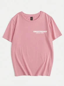 SHEIN EZwear 大码休闲简约蝴蝶印花圆领短袖 T 恤，大码女式夏季图案 T 恤 - 藕粉色 - 查看 5