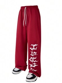 SHEIN 青少年男孩字母图案针织休闲宽松运动裤，休闲款，适合万圣节派对 - 紅色 - 查看 4