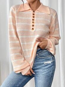 SHEIN LUNE 女士撞色条纹宽松套头针织毛衣，秋冬季 - 杏色 - 查看 5