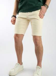 Manfinity Homme Quần short denim dáng ôm màu trơn thường ngày cỡ lớn cho nam, quần đùi, mùa hè - Màu be - Xem 5