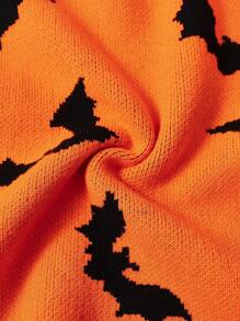 SHEIN LUNE Plus Size Casual Orange Black Bat Print Long Sleeve Halloween Sweater, Halloween Halloween Women Costumes Halloween Costume Plus Halloween Plus Halloween Tops In Fall/Winter - Orange - View 3