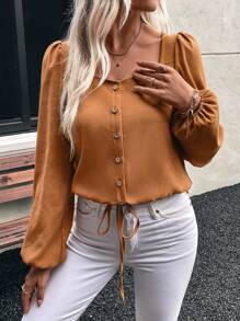 SHEIN LUNE Áo sơ mi tay phồng màu trơn thường ngày cho nữ, mùa xuân/thu - Màu Khaki - Xem 6