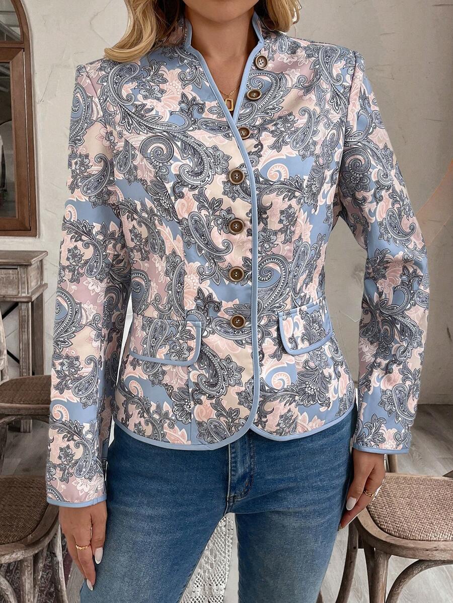 EMERY ROSE جاكيت نسائي بأكمام طويلة وربطة عنق بشق مزين بطبعات الزهور لربيع وخريف أنيق - متعدد الألوان - مشاهدة 1