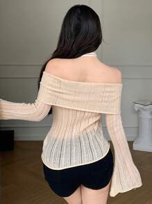 DAZY 女士纯色修身露肩长袖毛衣，春秋款透明，秋季女装 - 米色 - 查看 5