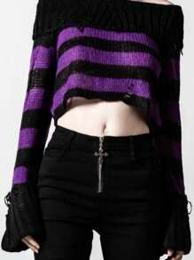 INAWLY Damen Gestreifter Crop Pullover mit Off-Shoulder Ausschnitt, Langarm Strickpullover für Herbst/Winter - Schwarz - Übersicht 1