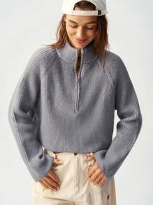 Bohemela Suéter informal de unicolor con mangas raglán y cuello para mujer - Gris - Ver 5