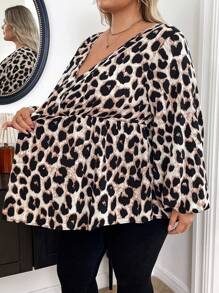 SHEIN CURVE+ Plus Size Elegant Oblique Collar Waist Gathered A-Line Leopard Print Blouse - Multicolor - View 8