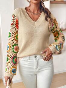 SHEIN VCAY Áo len nữ dài cổ chữ V móc, thu đông - Màu be - Xem 1