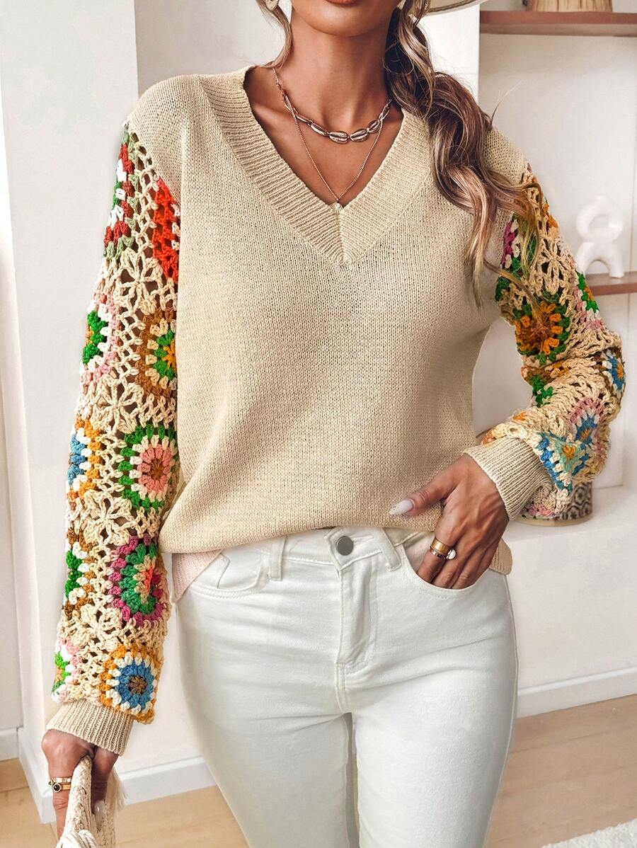 SHEIN VCAY Áo len nữ dài cổ chữ V móc, thu đông - Màu be - Xem 1