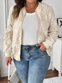 SHEIN LUNE Áo khoác Jacquard họa tiết hoa giản dị mùa xuân/thu cỡ lớn - Màu be - Xem 5