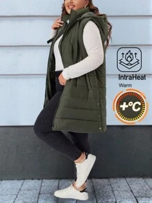 EMERY ROSE Plus Size Women Plain Hooded Padded Vest Jacket With Pockets,Fall/Winter,Winter Women Coat Autumn - Army Green - View 1