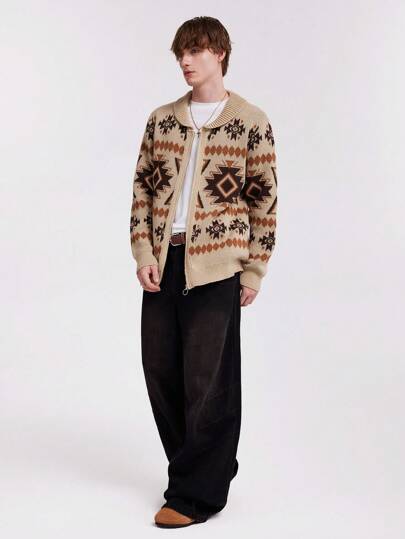 ROMWE Avant Cárdigan de cuello de chal estilo vintage de manga larga tejido con diseño de argyle para hombres