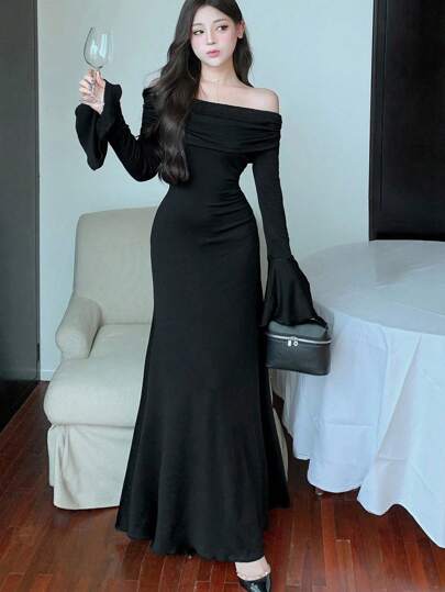 DAZY Women's Ruffle Ruffle Trim Dress, Long Sleeve, Suitable For Back To School Events And Formal Occasions Elegant,Fall Dress Off Shoulder Top