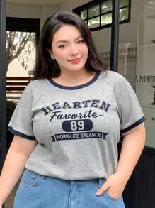 Dazy Plus Áo thun tay ngắn in chữ tương phản cỡ lớn, áo thun khổ lớn in khẩu hiệu mùa xuân/hè, áo thun họa tiết - Xám - Xem 8