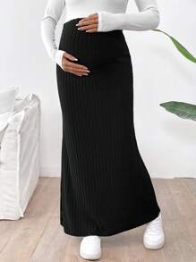 SHEIN Maternity Casual Solid Side Slit Skirt, Spring/Autumn - Black - View 5