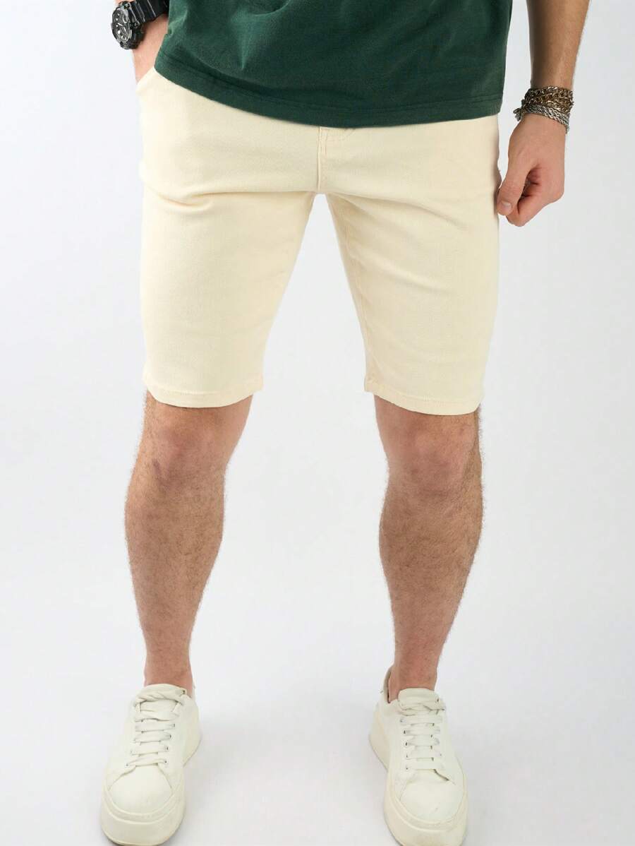 Manfinity Homme Quần short denim dáng ôm màu trơn thường ngày cỡ lớn cho nam, quần đùi, mùa hè - Màu be - Xem 1