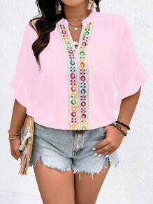 SHEIN LUNE 大码女式夏季花卉拼布腰带 V 领 3/4 袖优雅衬衫 - 淺粉色 - 查看 3