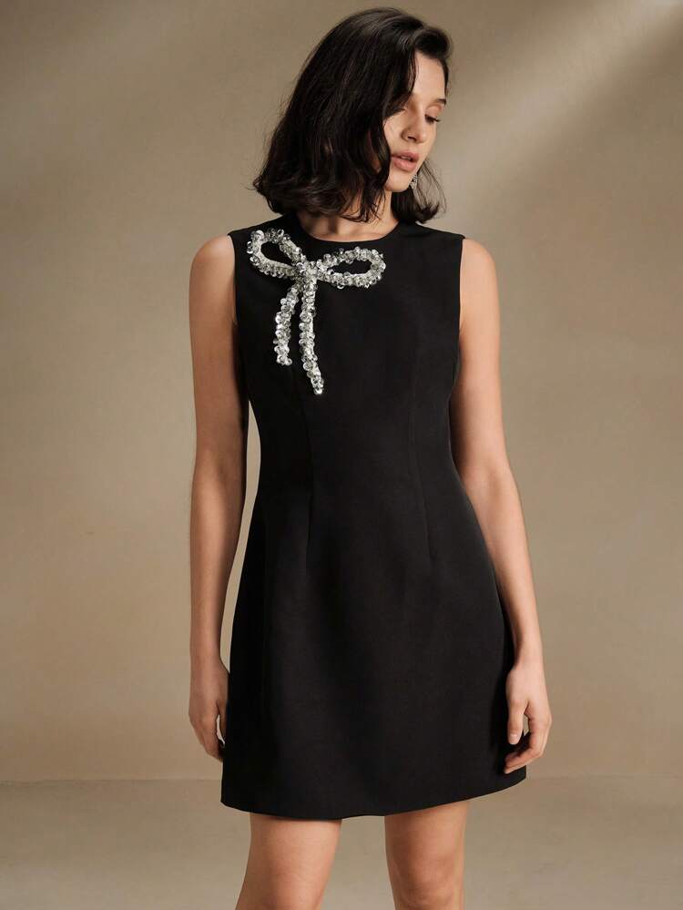 Elegant Beaded Bow Tie Black Sleeveless A-Line Dress