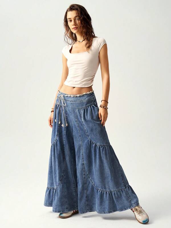 Bohemela Jeans anchos y holgados con estampado de vacaciones y parches para mujeres